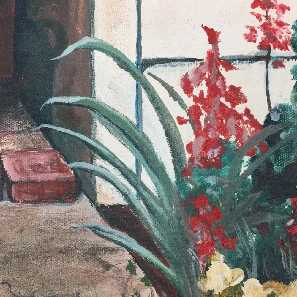 Vintage 1982 Brick Path Walkway Painting Signed Original Pottery Garden Doorway